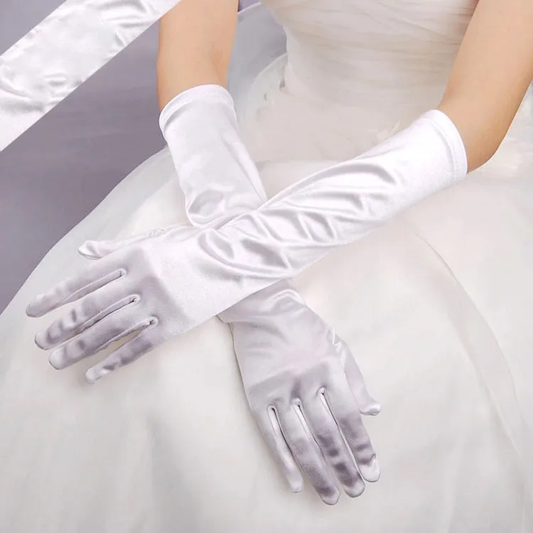 1pair Bride Gloves Satin Long Vintage Travel Sunscreen Dress Wedding Gloves(White)