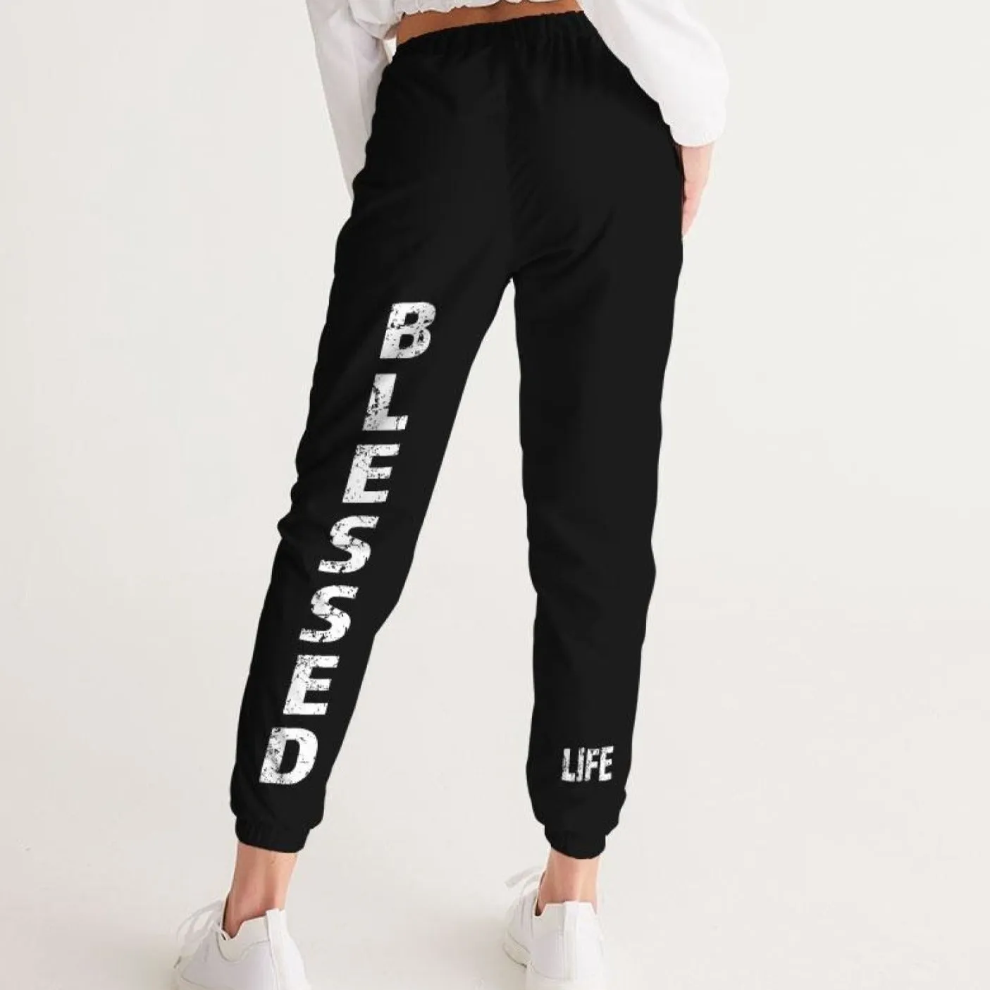 Athletic Pants, Blessed Graphic Text Black And White Track