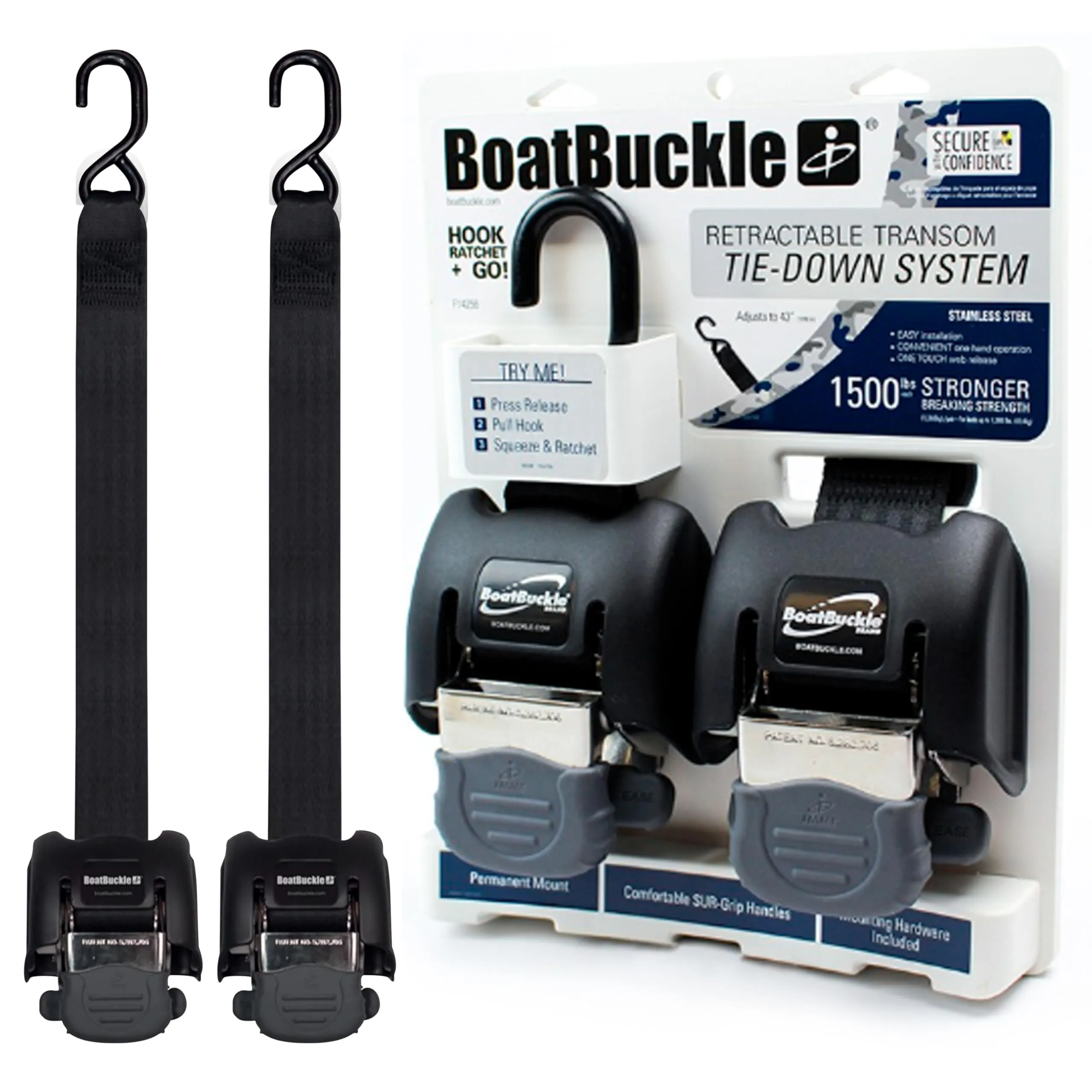 BoatBuckle G2 Stainless Steel Retractable Transom Tie Down, 2" x 43", Black