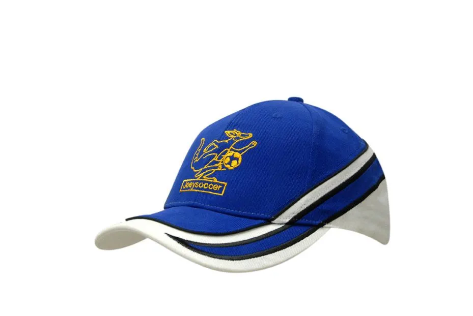 BRUSHED HEAVY COTTON CAP WITH FABRIC TRIMS/EMBROIDERY & PIPING ON CROWN & PEAK