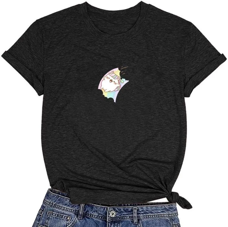 CORIRESHA Women's Cute Cartoon Cat Round Neck Short Sleeve Summer Casual Cozy T-Shirt