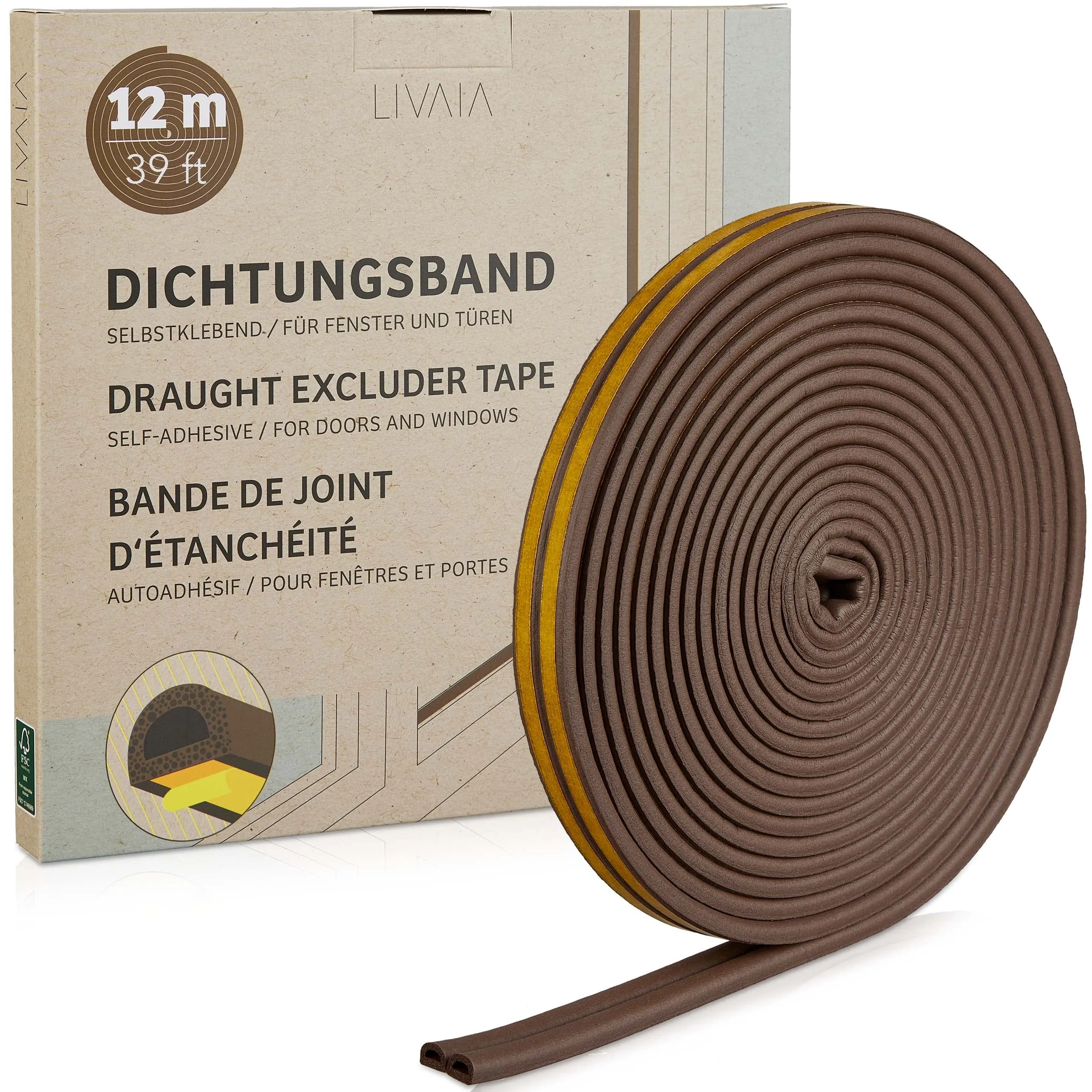 Draught Stopper: 39ft Brown Self Adhesive Tape  Window Sealing Tape  Door