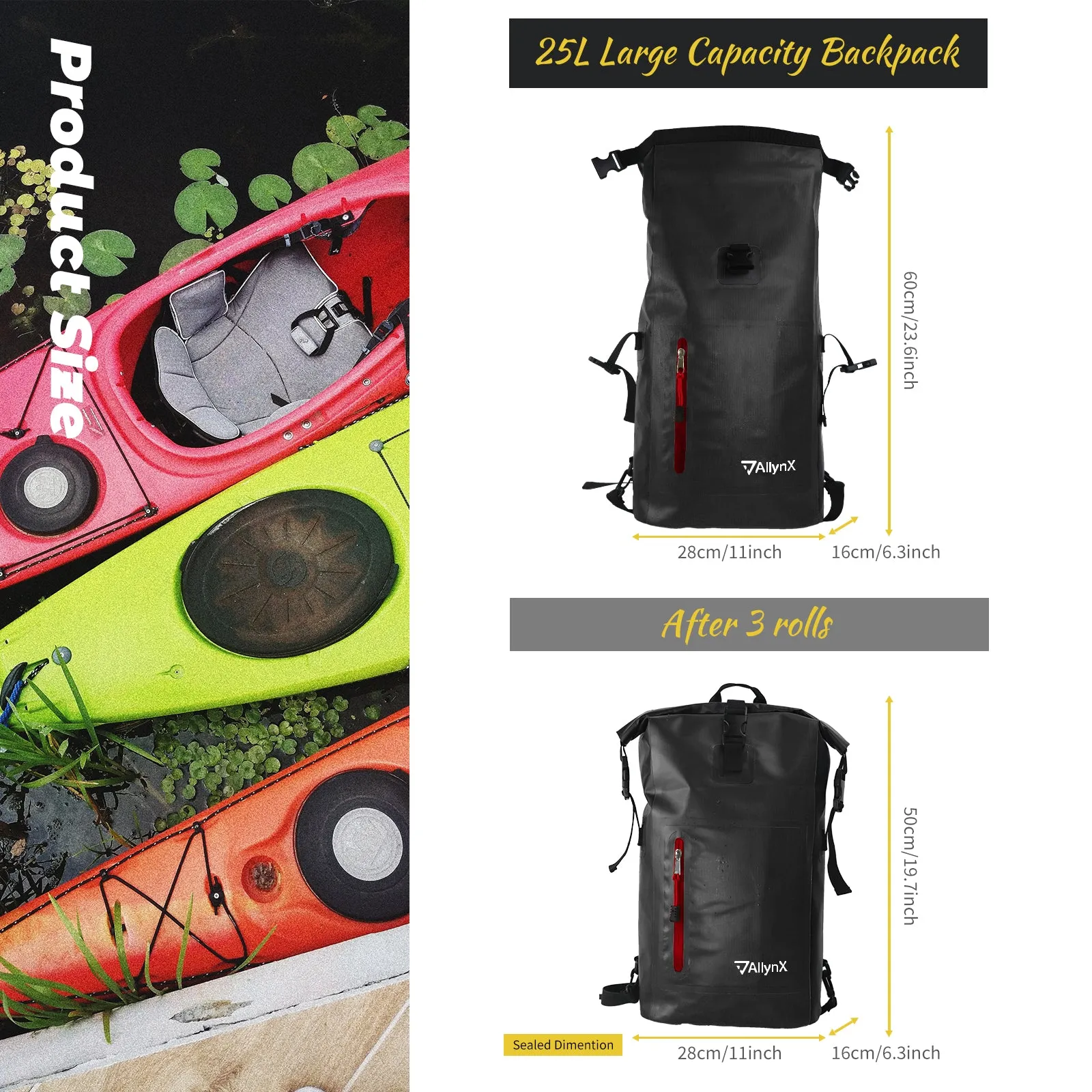 Dry bag Waterproof Backpack With Zipper Pocket 25L BLACK