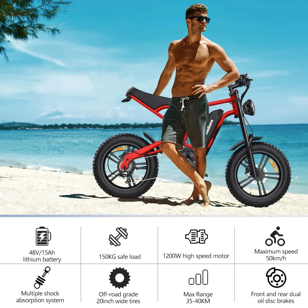 Electric Bike Mountain E-Bike for Adults with 20" Fat Tire, 1200W 7 Speeds Cruiser Ebike Adult Electric Bikes up to 32Mph & 43Miles, 330Lbs Capacity