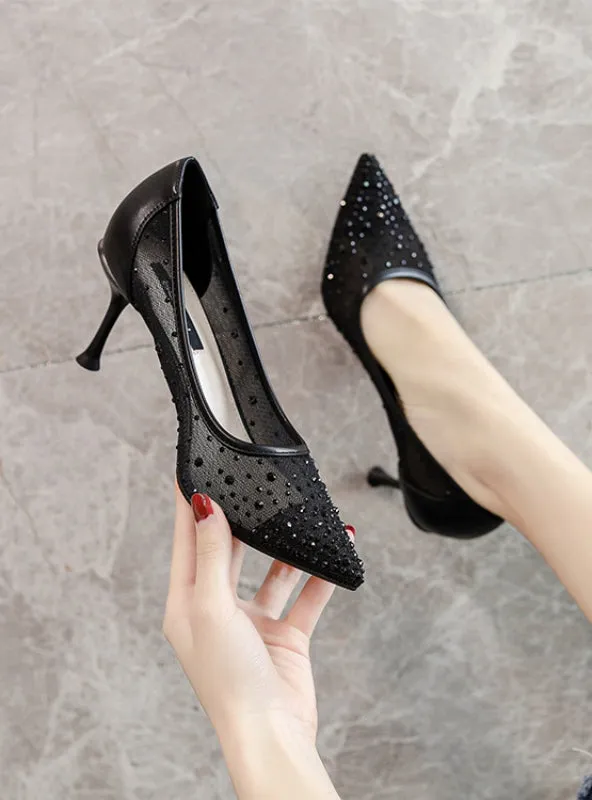 Fine-heeled Pointed Diamond Mesh High-heeled Shoes