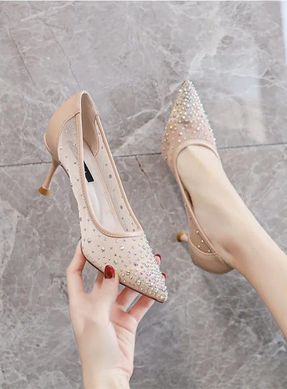 Fine-heeled Pointed Diamond Mesh High-heeled Shoes