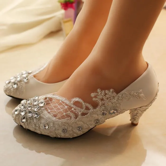 Handmade Middle Heels Pointed Toe Lace Crystal Wedding Bridal Shoes, SY0113