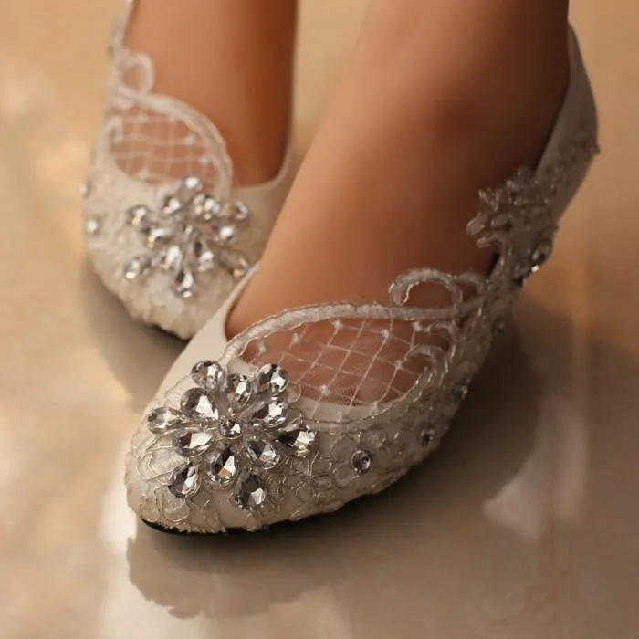 Handmade Middle Heels Pointed Toe Lace Crystal Wedding Bridal Shoes, SY0113