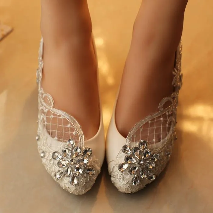 Handmade Middle Heels Pointed Toe Lace Crystal Wedding Bridal Shoes, SY0113