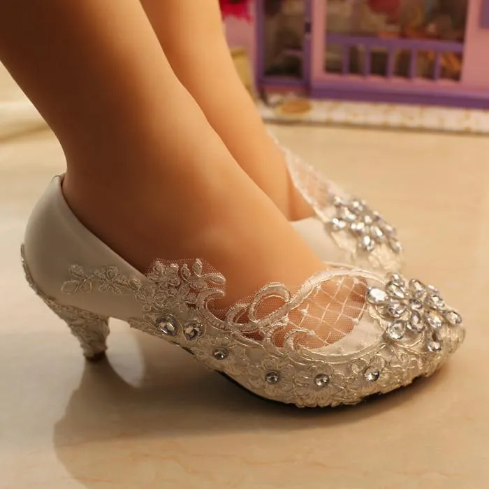 Handmade Middle Heels Pointed Toe Lace Crystal Wedding Bridal Shoes, SY0113