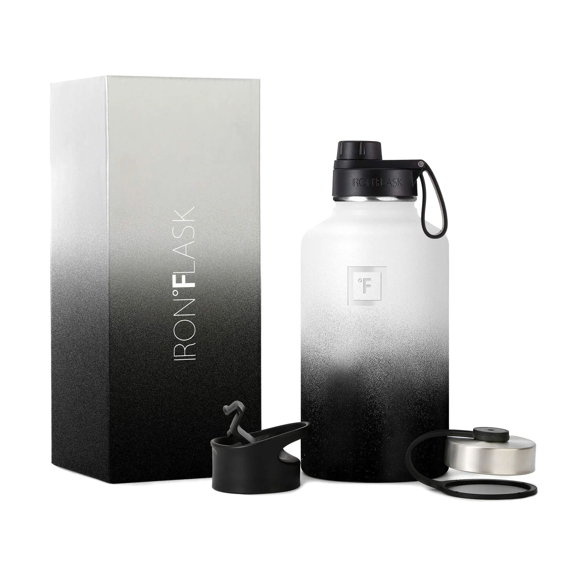 IRON °FLASK Sports Water Bottle - 64oz, 3 Lids (Spout Lid), Vacuum Insulated Stainless Steel, Hot Cold, Modern Double Walled, Simple Thermo Mug, Hydro Metal Canteen (Day & Night)