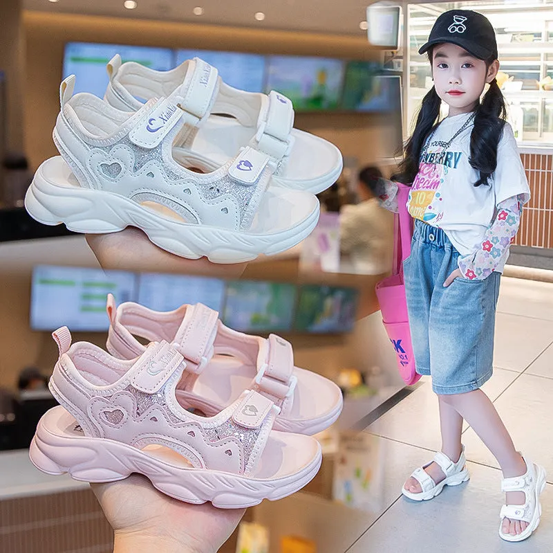 KAMAMES Girls' Soft Bottom Sandals Children's Beach Shoes Summer New Internet Celebrity Princess Shoes All-Match Non-Slip Girls' Sports Sandals