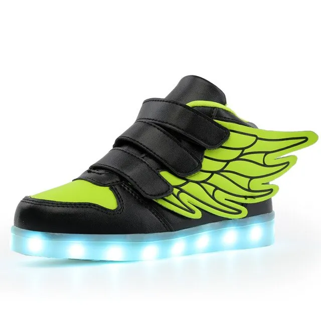 Kids Boys Girl LED Light Shoe Up High Top Wings Leather Shoes USB Rechargeable Flashing Sneakers Girls Dance Lights Nights Shoes