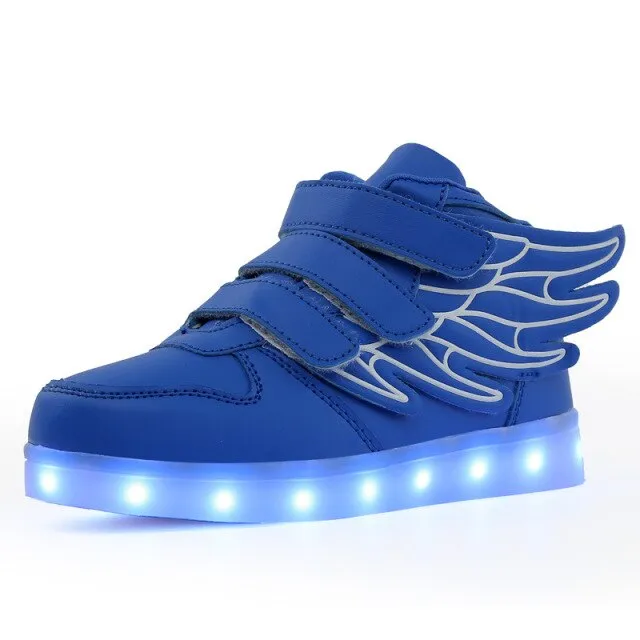 Kids Boys Girl LED Light Shoe Up High Top Wings Leather Shoes USB Rechargeable Flashing Sneakers Girls Dance Lights Nights Shoes