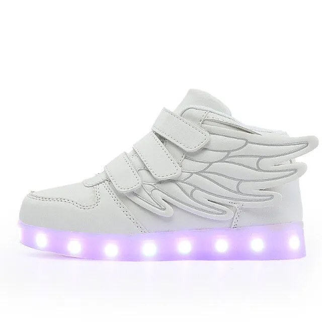 Kids Boys Girl LED Light Shoe Up High Top Wings Leather Shoes USB Rechargeable Flashing Sneakers Girls Dance Lights Nights Shoes