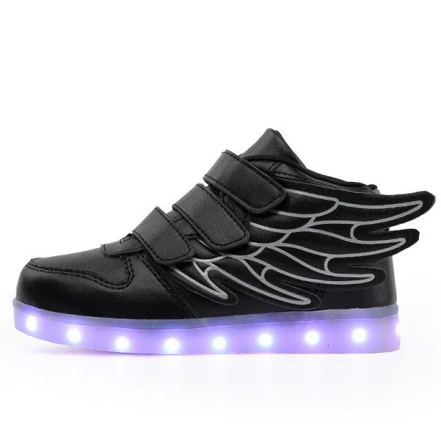 Kids Boys Girl LED Light Shoe Up High Top Wings Leather Shoes USB Rechargeable Flashing Sneakers Girls Dance Lights Nights Shoes