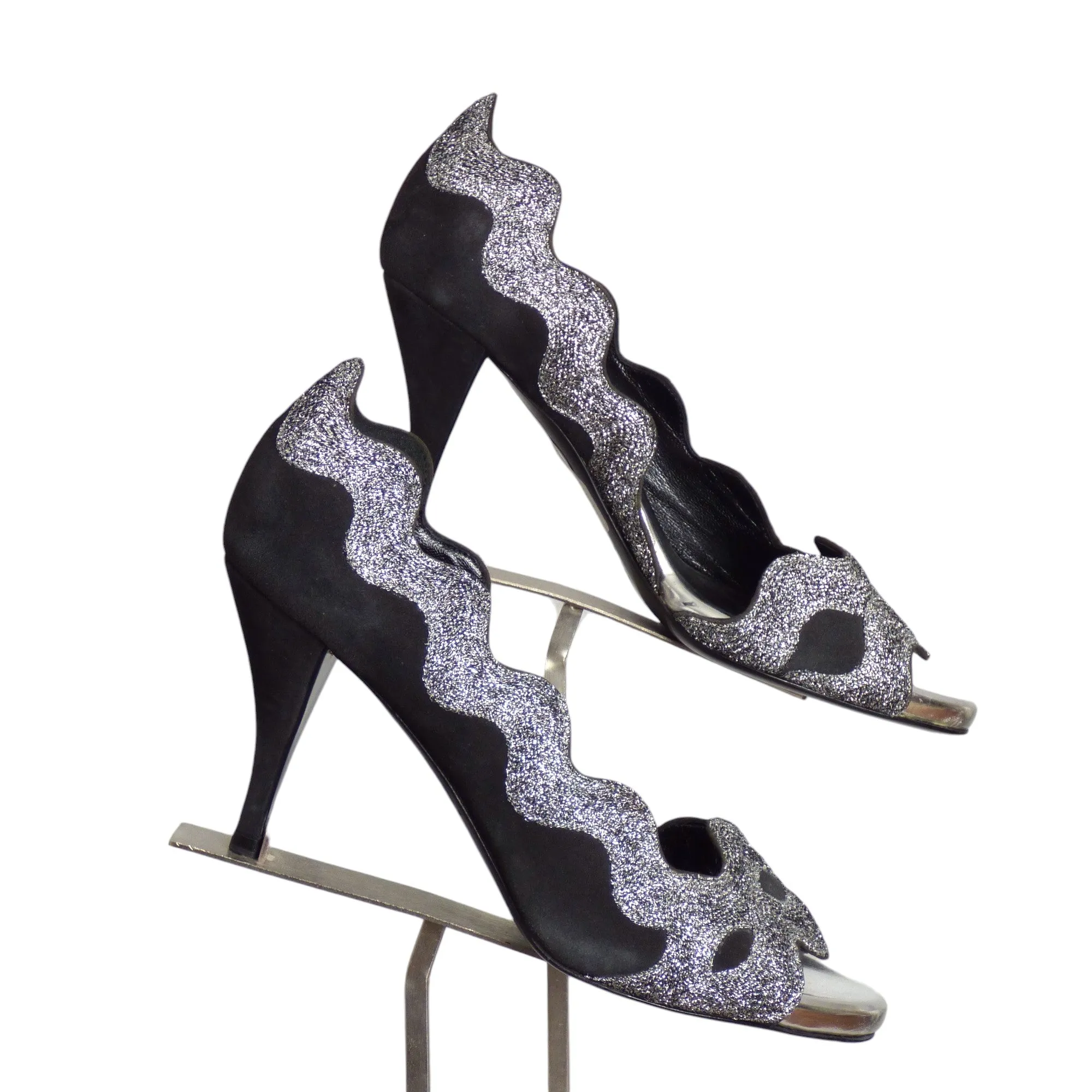 PIERRE HARDY- Black Suede & Silver Evening Sandals, Size 38