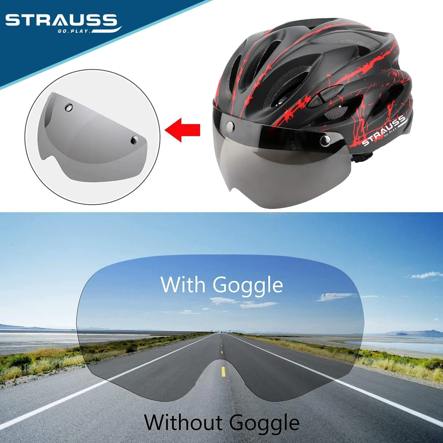 Strauss Cycling Helmet with Magnetic Goggles | Light Weight with Superior Ventilation | Mountain, Road Bike & Skating Helmet | Adjustable Strap | Ideal for Men and Women, (Red/Black)