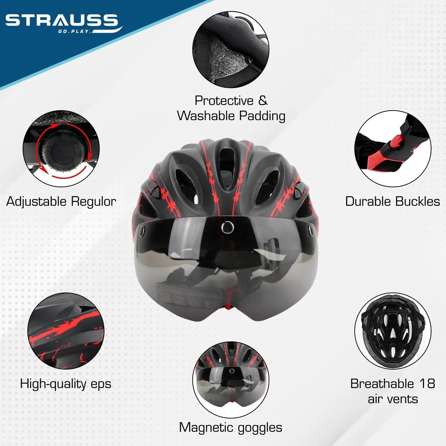 Strauss Cycling Helmet with Magnetic Goggles | Light Weight with Superior Ventilation | Mountain, Road Bike & Skating Helmet | Adjustable Strap | Ideal for Men and Women, (Red/Black)