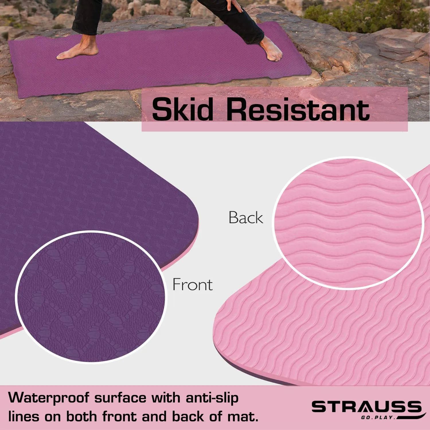 Strauss TPE Eco Friendly Dual Layer Yoga Mat, 6 mm (Pink) and Yoga Shoes, (Black)