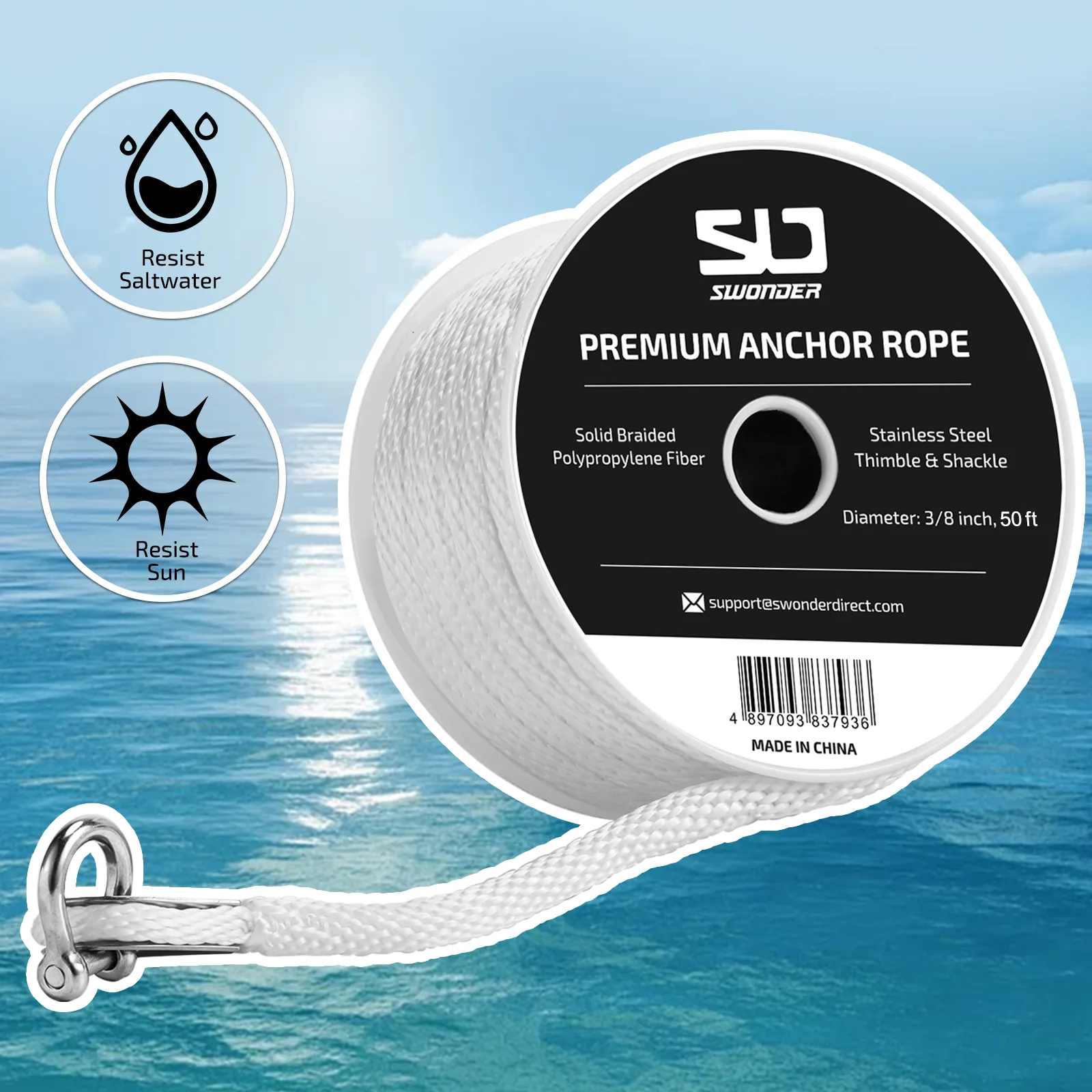 Swonder Anchor Rope 3/8 Inch 50FT 100FT