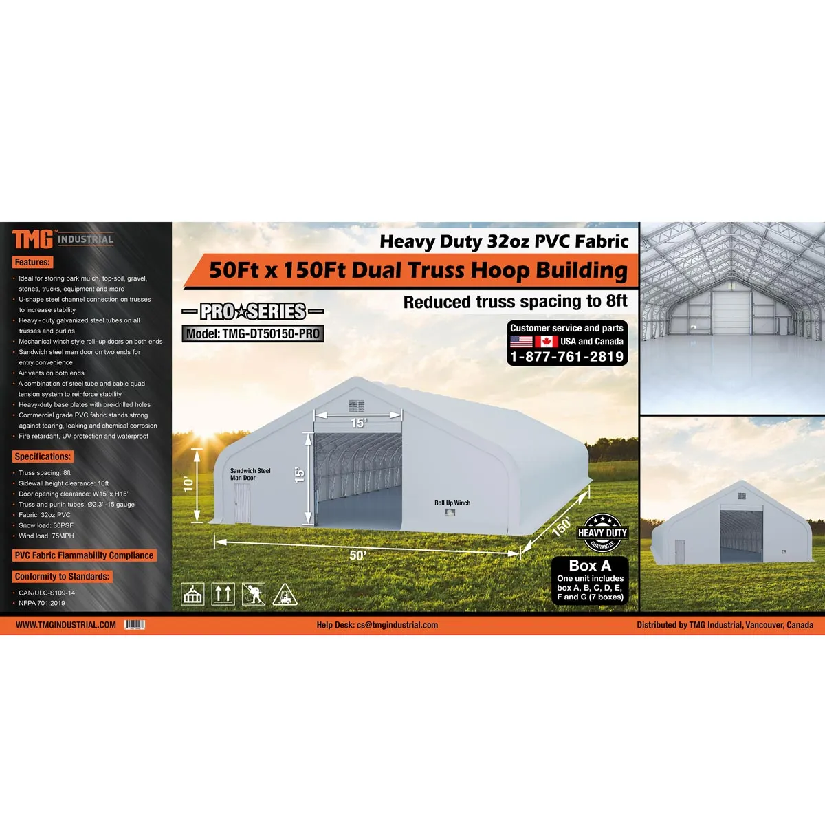 TMG Industrial Pro Series 50' x 150' Dual Truss Storage Shelter with Heavy Duty 32 oz PVC Cover & Drive Through Doors, TMG-DT50150-PRO