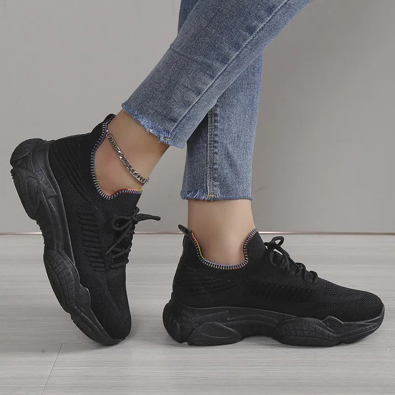 Toleet Black Breathable Thick Sole Sneakers Women Casual Non-Slip Lace Up Sports Shoes Woman Mix Color Knitted Platform Vulcanize Shoes