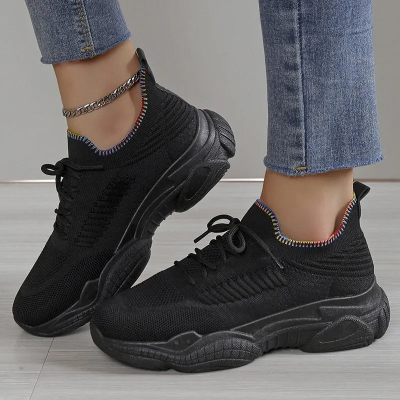 Toleet Black Breathable Thick Sole Sneakers Women Casual Non-Slip Lace Up Sports Shoes Woman Mix Color Knitted Platform Vulcanize Shoes