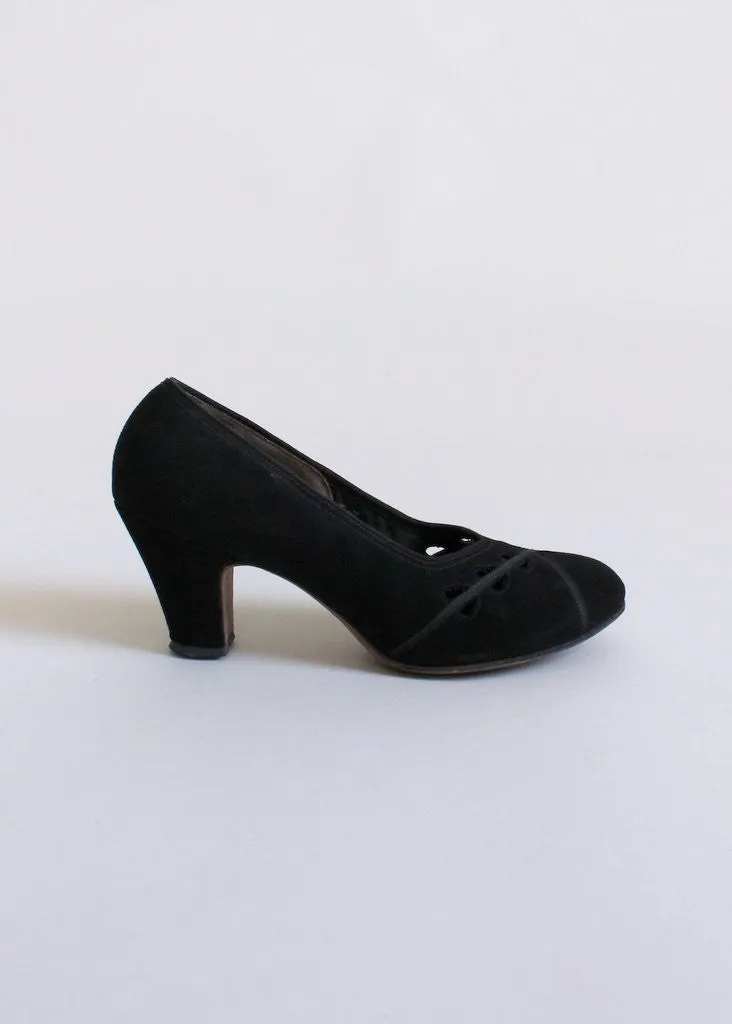 Vintage 1940s Black Suede Cut Out Pumps Size 8