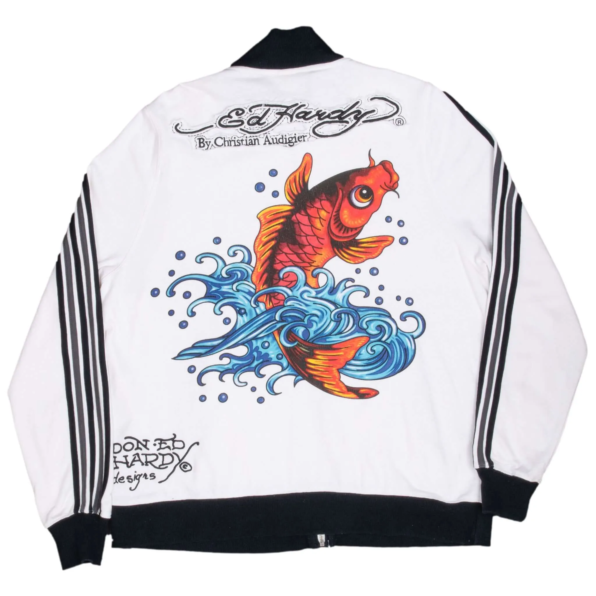 VINTAGE ED HARDY KOI FISH ZIP UP SWEATSHIRT JACKET WHITE 2000S XL