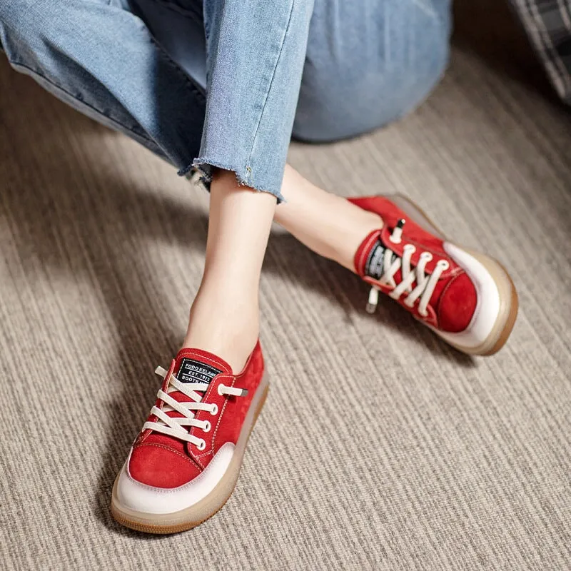 Womens Handmade Low Top Lace Up Soft Leather Flat Sneakers Jelly Bottom in Red/Coffee/Khaki