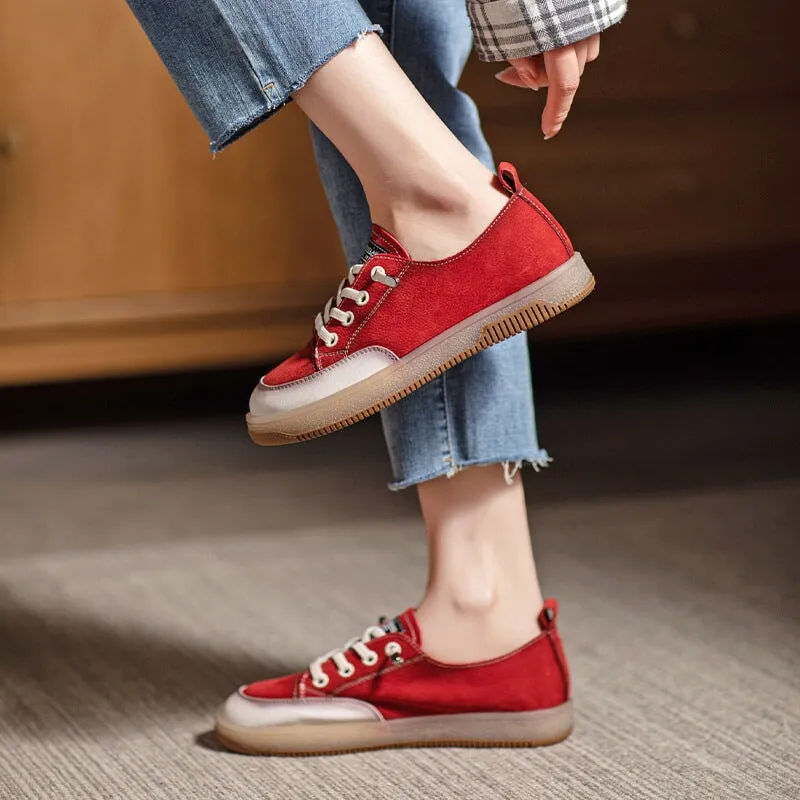 Womens Handmade Low Top Lace Up Soft Leather Flat Sneakers Jelly Bottom in Red/Coffee/Khaki