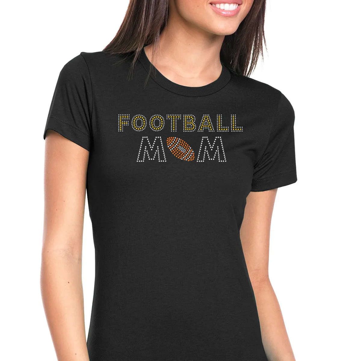 Womens T-Shirt Bling Black Fitted Tee Football Mom Ball Yellow