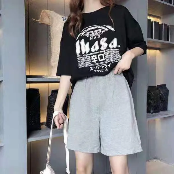 xiangtuibao Korean Casual Simple Shorts Cropped Pants Casual Wide-Leg Pants Casual Sports Elastic Waist Shorts Ins Trendy Girls